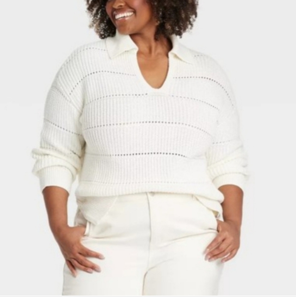 New Ava & Viv Pullover Knit Collared V-Neck Sweater In Ivory Size Women's 1X